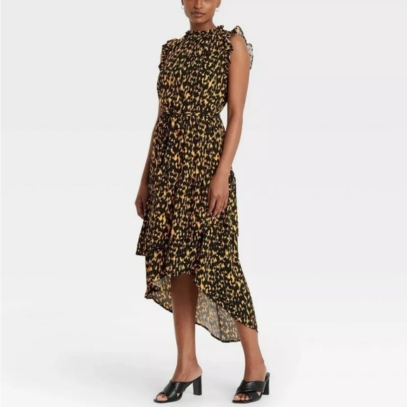 Who What Wear Textured Animal Print Ruffle Dress M 8 10 Black Gold Midi Vacation - Picture 1 of 16